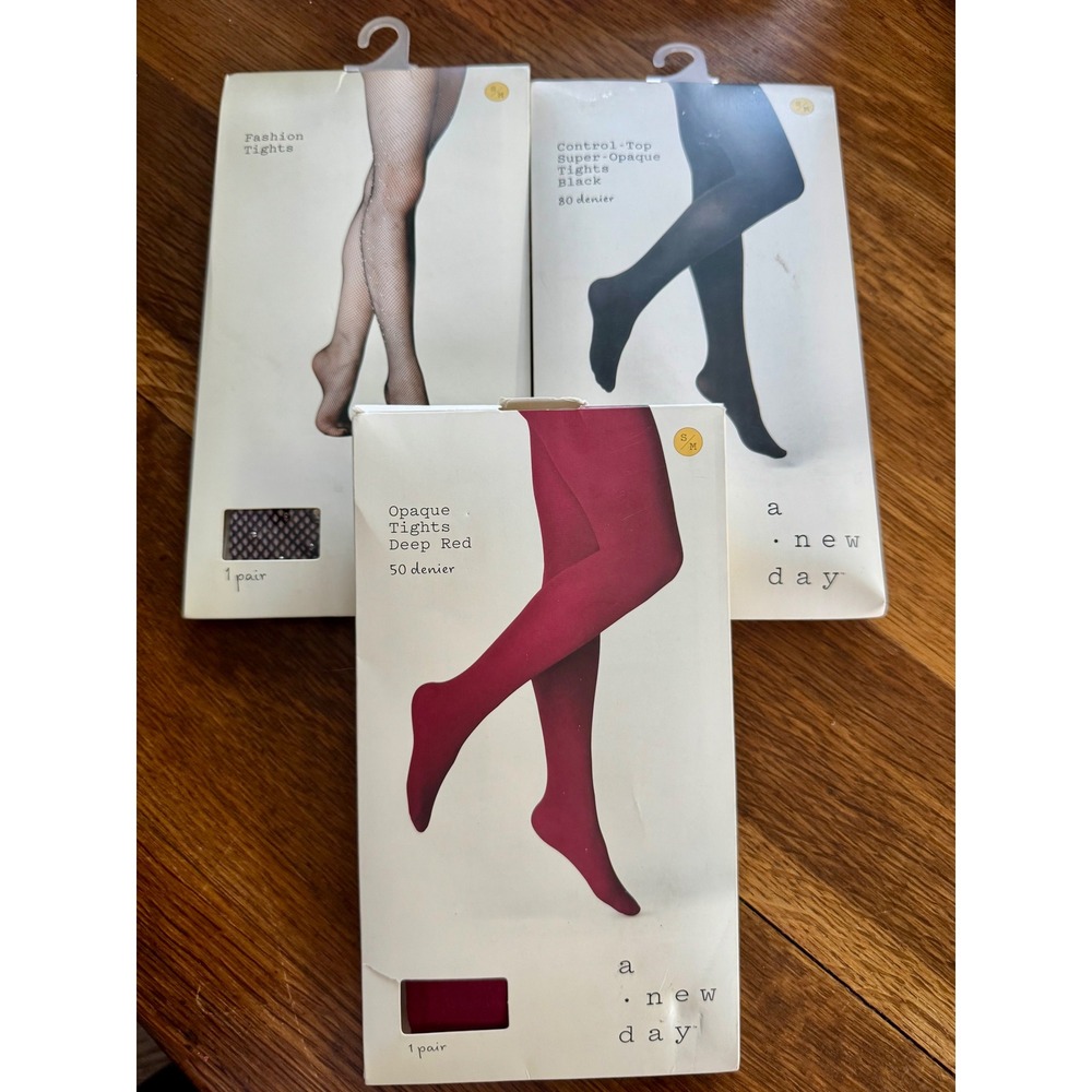 A New Day Tights Bundle 3pk Red Opaque Black Super Opaque Fishnet Size SM